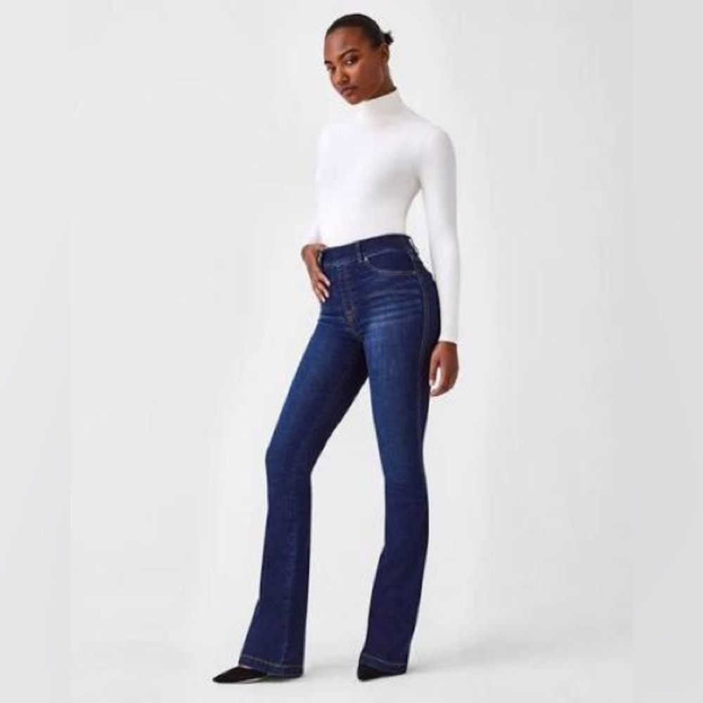 Spanx Pull-On Booty Lifting Denim Stretch Flared Leg Jeans In Dark Blue Medium